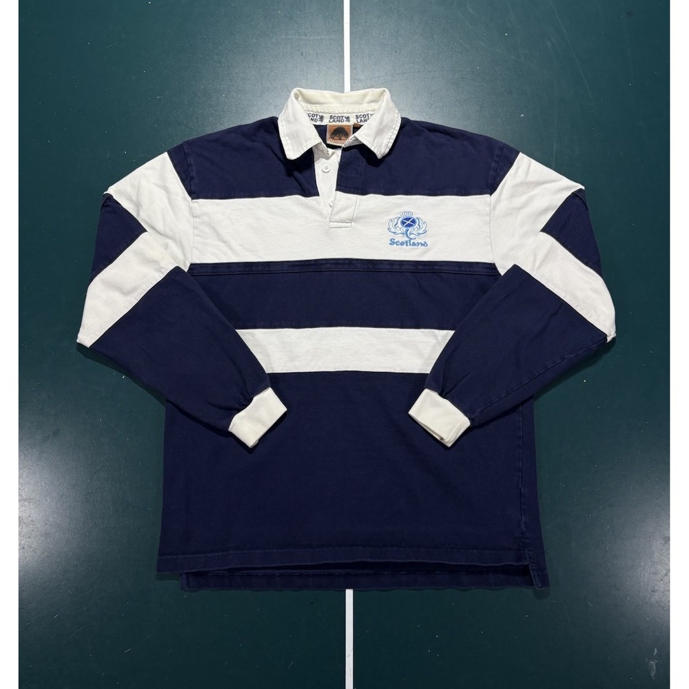 Vintage Scotland Rugby Shirt Men's Medium Navy Blue White Striped Colorblock 90s